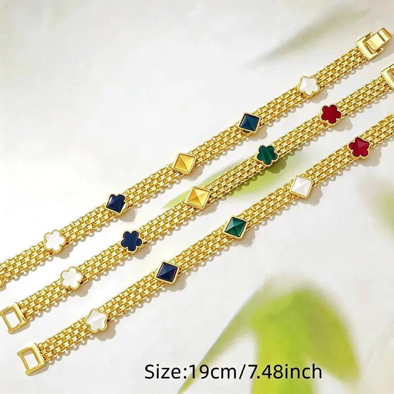 Women's 18K Gold Plated Wide Mesh Chain Link Charm Bracelet - Non Tarnish, Adjustable Buckle, Vibrant Charms, Stackable, Versatile Accessory, Arm Candy Accessories, Luxurious Look, Perfect for Any Occasion, Costume Jewelry