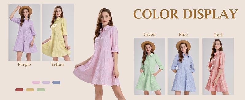 【New Arrival】Ebossy Womens Striped Button Down Midi Shirt Dress Casual Loose Cuffed Long Sleeve Mid Long Dresses