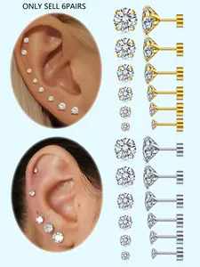 6Pairs Earrings Set, Stainless Steel Cubic Zirconia Ear Bone Studs, 20G Ear Cartilage Piercing Earrings, Body Piercing Jewelry, Fashion Accessories for Women & Men, Earbone Studs