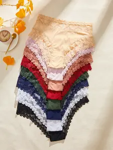 Women's Lace Patchwork Ice Silk Triangle Panties 8 Pack, Lightweight Comfortable Breathable Everyday Casual Mid-Waist Underwear Set, Fashionable Daily Wear