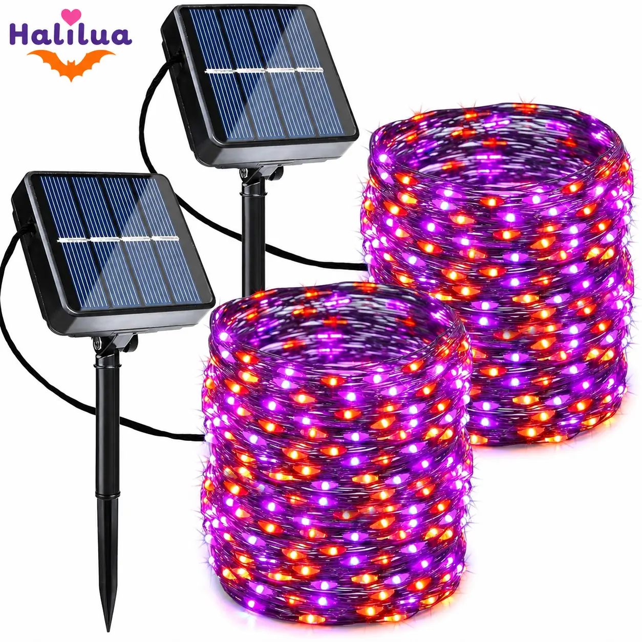 2 Pack Purple and Orange Halloween Fairy String Lights, Total 80FT 240LED Solar Powered Fairy Lights with 8 Modes, Waterproof Copper Black Wire Lights for Outdoor Yard Party Decorations