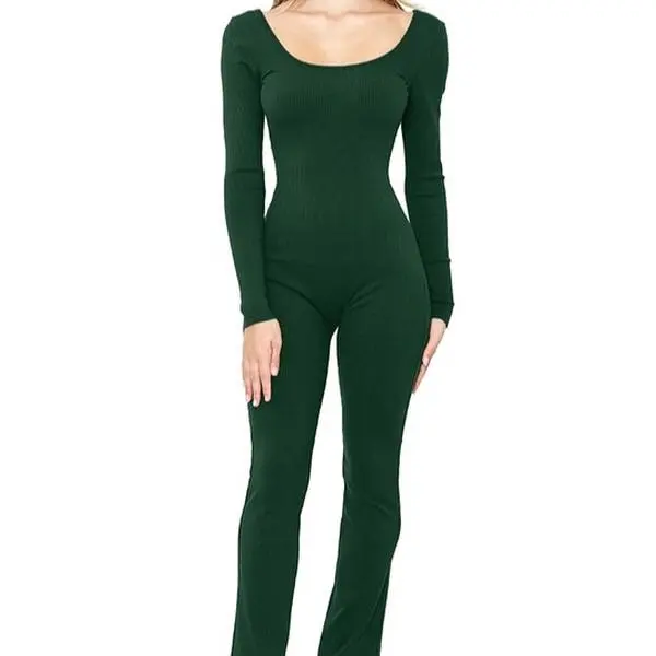 Chic Sculpt Ribbed Jumpsuit in Deep Green - Long Sleeve, Round Neck, Bodycon Fit, Perfect for Casual Wear