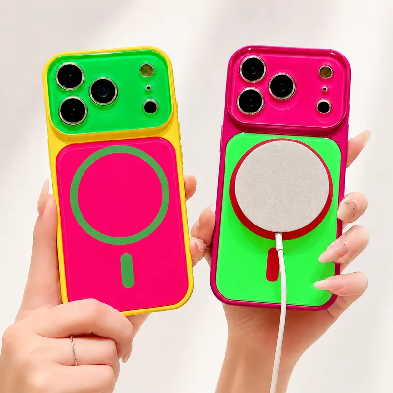 Dopamine Colorblock Magnetic Case for iPhone 18 17 16 15 14 Pro Max, Glossy Hard Shell, Vibrant Contrast Colors, compatible with MagSafe, Shockproof Anti-Drop Phone Cover