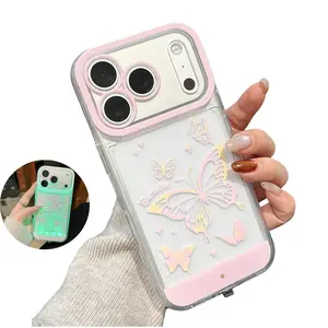 LED Light-Up Flash Phone Case for iPhone 17 16 15 14 13 12 11 Pro Max, Clear Phone Cover with Pink Butterfly Design, Cute Shockproof Protective Case for Women Girls