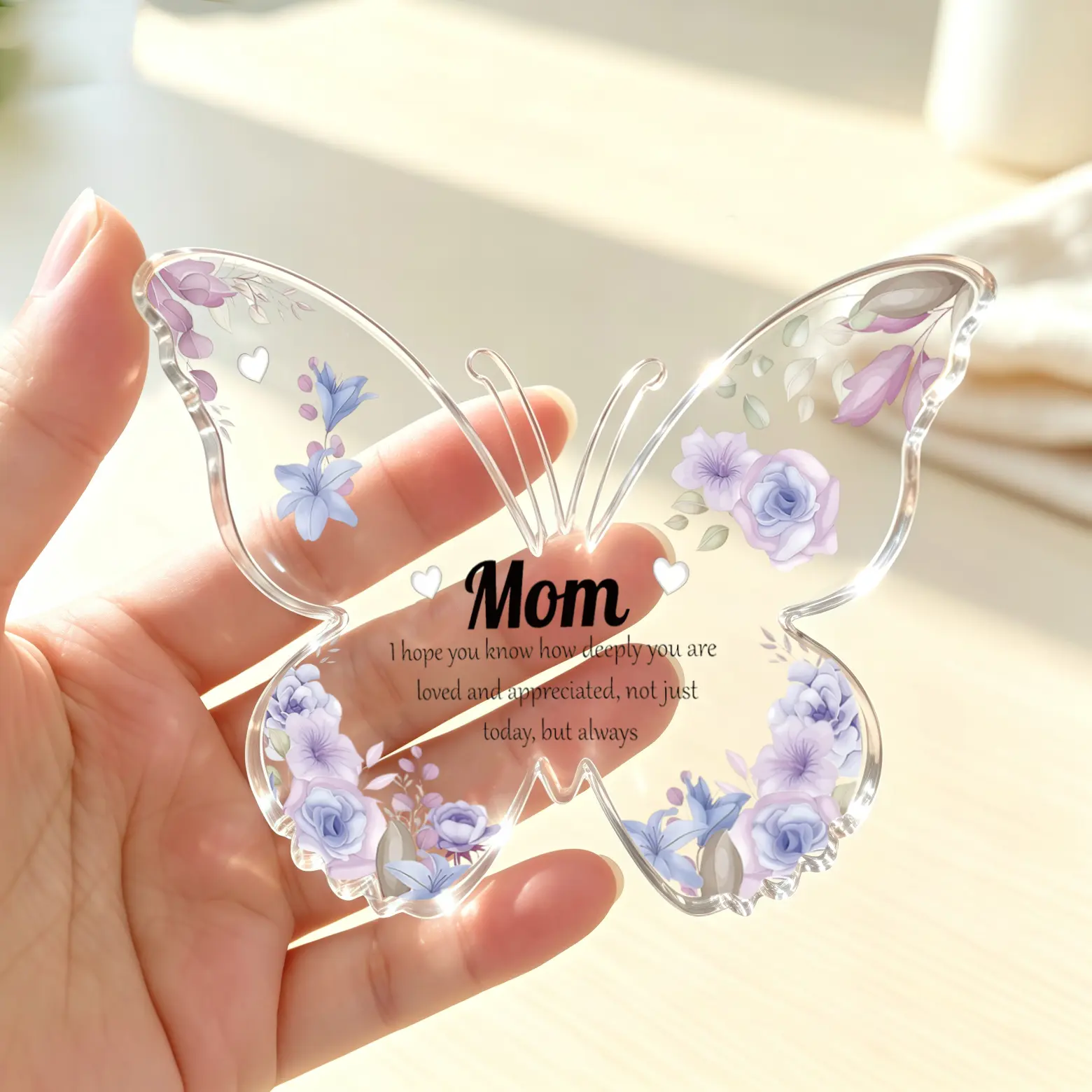 Butterfly Acrylic Plaque - Purple Blue Floral Modern Desk Sign Home Decor, Sentimental Mother's Day Birthday Gift for Mom from Daughter Son, Tabletop Keepsake
