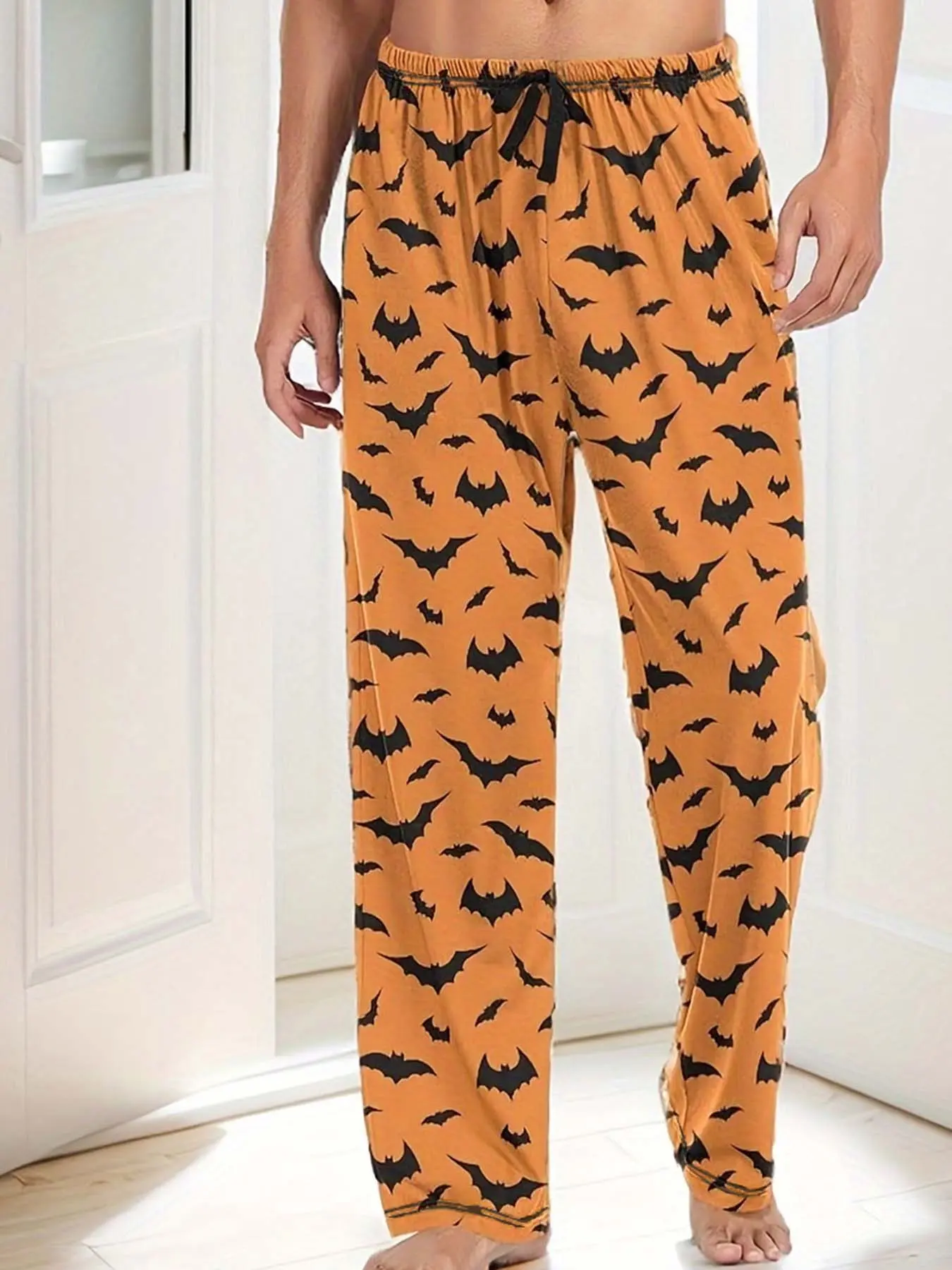 Men's Casual Home Pants, Halloween Pattern, Polyester Blend, Faux Drawstring Waistband, Fitted, Spring & Fall Wear, Comfortable Sleepwear Loungewear