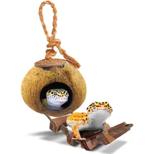 Leopard Gecko Coconut Husk Hut with Ladder, with Shell Opening, Cave Habitat with Hanging Loop, 1 count per Pack