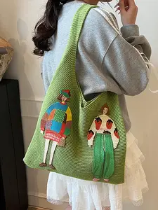 Women's Cute Cartoon Figure Pattern Tote Bag, Large Capacity Crocheted Shopping Bag, Fashionable Handbag for Going Out or Shopping