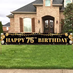 Large Happy 75th Birthday Decoration Banner, Black and Gold Happy 75th Birthday Banner Sign, 75th Birthday Party Decorations Supplies(9.8x1.6ft)