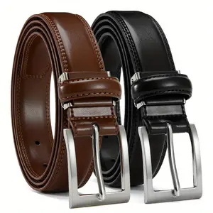 2pcs Men'S Genuine Leather Belts with Square Buckle - Brown & Black, Durable & Stylish for Casual, Jeans, and Suit Pants, Perfect for Halloween & Christmas Gifts, Versatile Fashion Accessory, Sophisticated Accessory, Metallic Buckle, Belt For Men