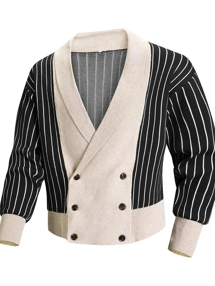Men's Vintage Striped Double-Breasted V-Neck Cropped Knit Cardigan Sweater - Thin, Soft, Chic Buttoned Top, Ideal for Dress Pairing, Business, Outdoors