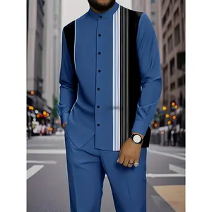 2026 Men Stand Collar Fashion Long Sleeve Button Shirt Set Comfortable Versatile Four-Season Outdoor Casual Suit Printed Long Sleeve Pants Set