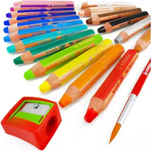 - Woody 3 in 1 Multi-Media Watercolour Pencils -  Easy-Grip - Pack of 18 with Sharpener and Brush