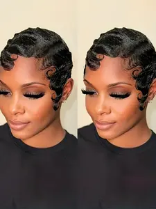 Finger Wave Pixie Cut Wig for Women Curly Wave Wig Full Machine Made Wig 150% Density 6 Inch