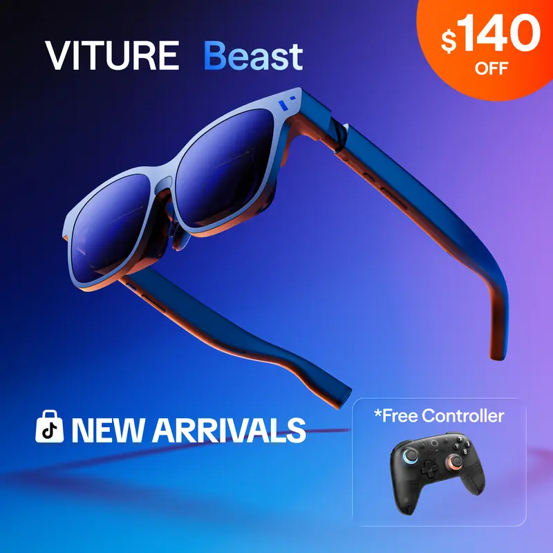 VITURE Beast Wearable AR Smart Glasses - 174" Brightest Display, 1200p 58° FOV, Built-in VisionPair 3DoF, Dynamic Dimming, Harman Audio, USB, USB-C Cable, Free Controller, Prescription Lens Frame, Auto Transparency, for iPhone/Android, Free 30-Day Returns