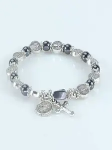 Vintage Agate Beaded Bracelet, Handmade Elastic String, Fashion Casual Unisex Jewelry, Cross Pendant Charm, Stylish Accessory, All Seasons