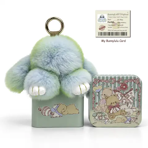 BunnyLulu Handmade Mini Spotted Fluffy Bunny Keychain, Soft Squishy Fidget, Unisex Bag Charm, Cutecore Purse Accessory with Designer Tin, Bed Companion, Birthday/ Christmas Gift For Everyone