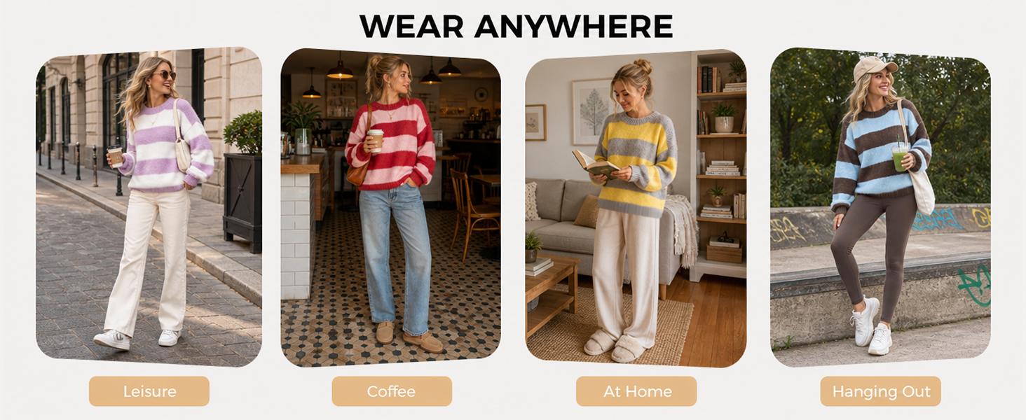 Fisoew Retro Color Block Stripe Sweater, Crew Neck Oversized Balloon Long Sleeve Loose Casual Pullover Top Matching Jeans Pants Fall Winter Casual Layering Top