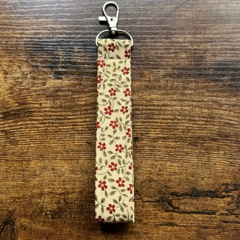 Red Floral on Cream Fabric Keychain Wristlet