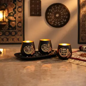 3-Piece Islamic Candle Holder Set, Candle Stand, Ramadan Glass Candlestick Decorations, Home Decor, Festive Blessing Gifts, Muslim Holiday Party Supplies