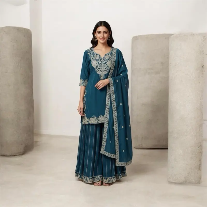 Womenswear Divider Sarara Party Wear Shirt Kurti, Crafted from Chinnon Silk, Ideal for Special Occasions