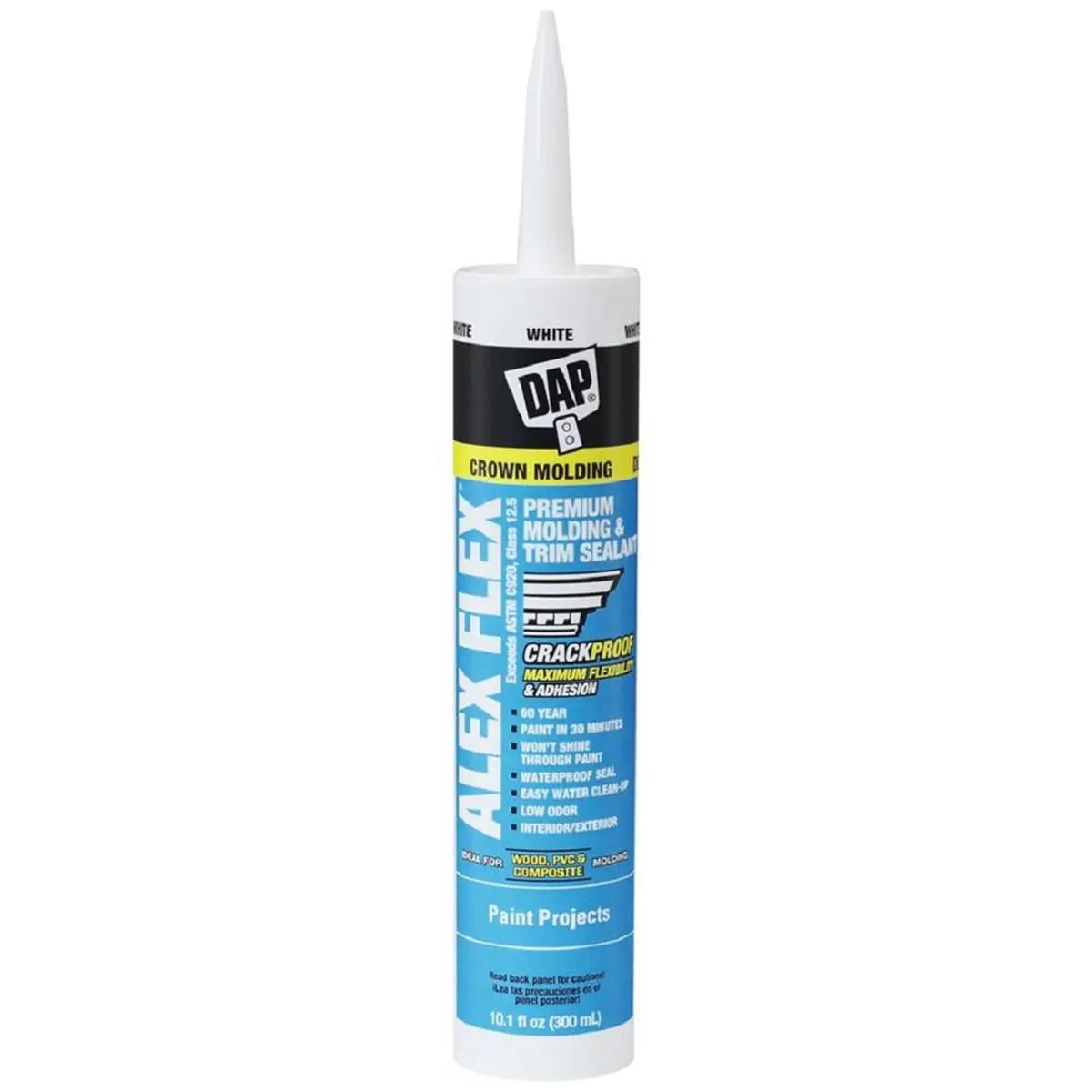 DAP Alex Flex Premium Molding & Trim Sealant Caulk, 10.1 oz White, Anti-Leak, Long-Lasting Bond, for Interior Paint Projects, Compatible with PVC, Styrene & Composite Molding, Caulking Solution