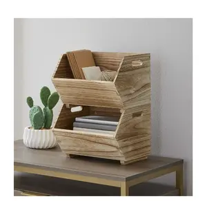Adult Natural Wood Stacking Storage Bin Set - 2-Piece Boxes Organiser Decor Wooden