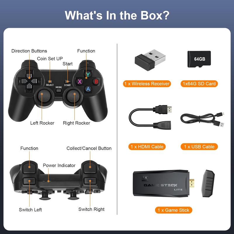 Retro Gaming Console with Dual Controllers, 20,000+ Games, 9 Emulators Built-in, 4K HDMI Output, Plug and Play Video Game Stick, Perfect for TV (64GB) Wireless Usb