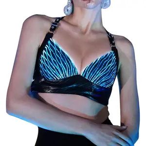 Crop Tops for Women LED Sexy Rave Outfits Light Up Bra Glow Party Clothes PU Leather Halter Top EDM Concert Tops