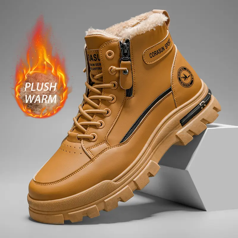 Men’s high-top work boots with side zipper, fleece lining, thick warm fur lining, non-slip rugged platform ankle shoes, waterproof leather casual outdoor footwear for cold weather, khaki/black winter sneakers for men and teen boys, holiday gift