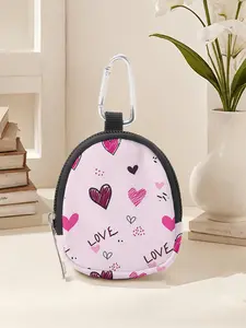 Heart Pattern Mini Wallet, Lightweight Zipper Coin Purse with Hook Clip, Earphone Key Bag, Unisex Casual Style, Valentine's Day Gift