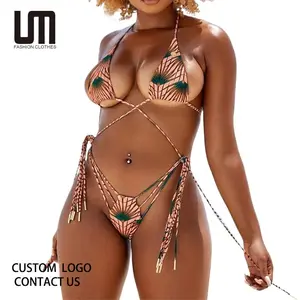 Liu Ming Custom Logo 2024 New Arrivals Women Sexy Lace Up Thong Printed Bikini 2 Piece Set Bikini