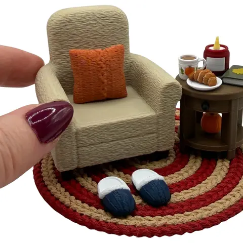 Mini 3D Printed Cozy Fall Corner- rug, candle, mug, slippers, croissant, pumpkin, chair, table, book- autumn, decor
