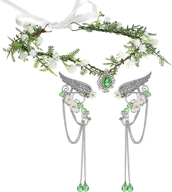 Halloween Elves Cosplay Set - Female Fairy Theme V-Shaped Leaf Wings, Cute Vintage Flower Crown Headpiece, Elf Ears Cuffs, Hair Accessories for Cosplayers, Party Use (Home Improvement Category)