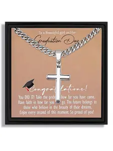 One silver cross pendant Cuban link chain elegant necklace for graduation festival gift to daughter with blessing card and box