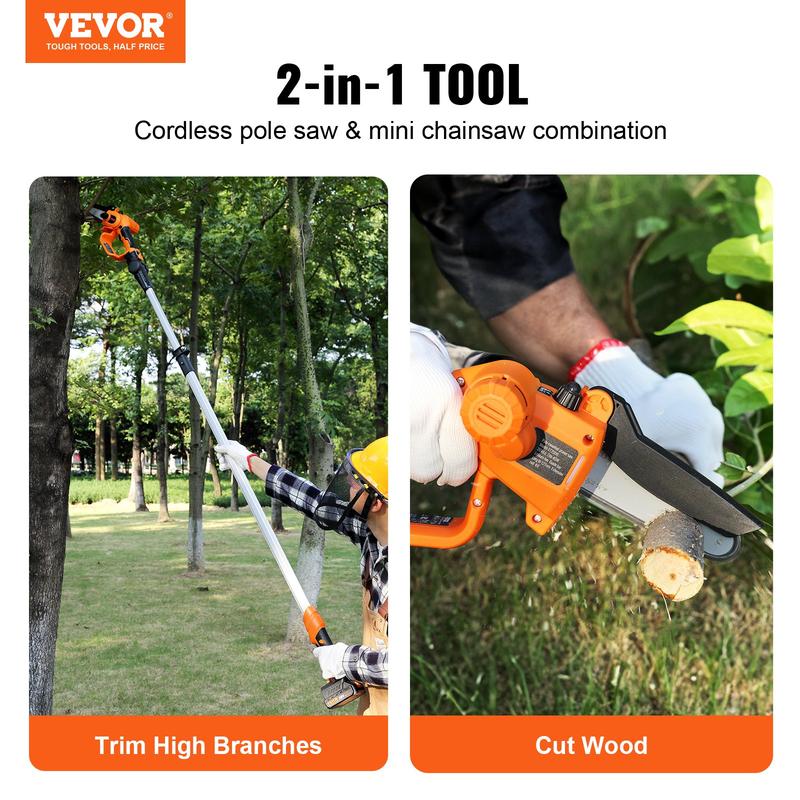 VEVOR 2-in-1  Mini Chainsaw, TikTokShopBlackFriday, 20V 4Ah Battery Pole Chainsaw, 5" Cutting Capacity 8 ft Reach Pole Saw for Branch Cutting & Tree Trimming