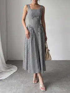 Women's Fine Striped Digital Print French Party Dress, Backless Tie Waist Bow Midi Dress, Perfect for Evening Events & Gatherings