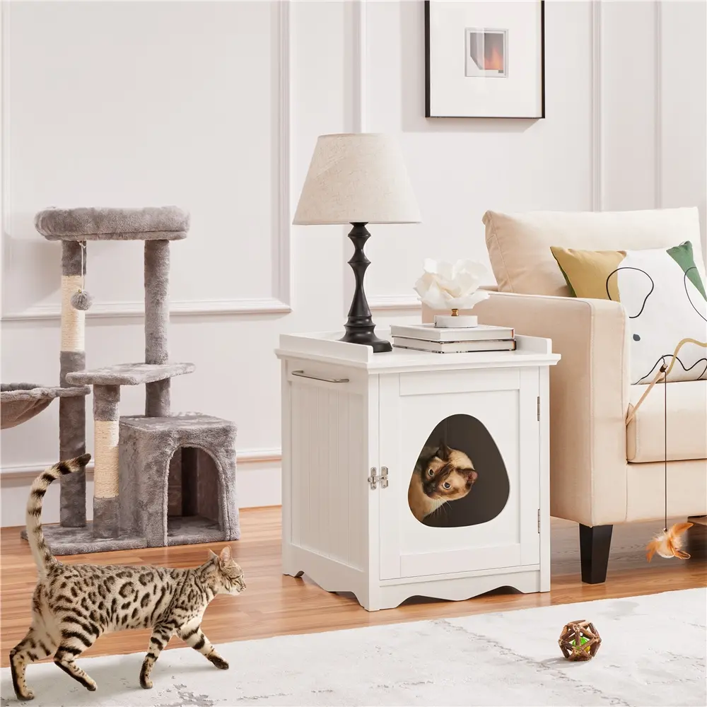 Costoffs Modern Hidden Cat Litter Box Enclosure, Wooden Pet Washroom Side Table with Towel Bar & Raised Edge