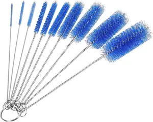 Bottle Cleaning Brushes, 8 Inch Nylon Tube Brush Set, Cleaner for Narrow Neck Bottles Cups with Hook, Set of 10pcs. Navy Blue