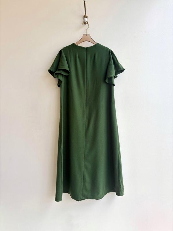 Green Wool Chore Dress with Flutter Sleeve and Patch Pockets
