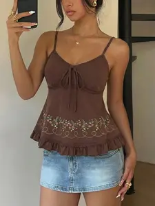 Women's Floral Embroidery Cami Top, Boho Fitted Sleeveless Tank Tops for Beach Holiday Vacation, Ladies Feminine Clothes for All Seasons, Camisole, babydoll tops, Ruffled