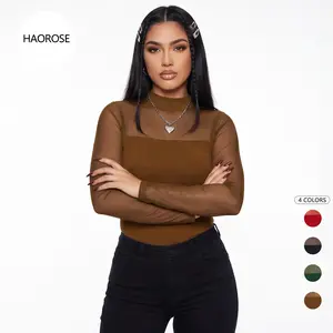 Women's Contour Long Sleeve Mesh Body Sculpting Top Premium Seamless Leotard for Evening Wear & Trendy Outfits Breathable Comfortable Versatile Stylish Design