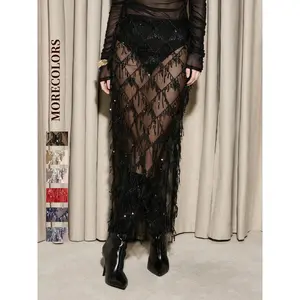 Chvity Women's Sexy Transparent Sequin Fringe Mesh Midi Dress, Party Festival Prom Gown, High Waist Fitted Plain Design, All Seasons