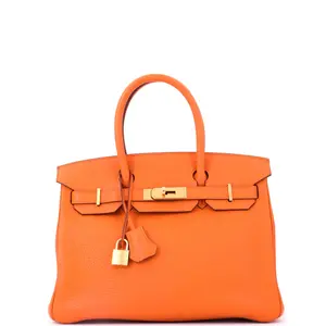 Pre-owned HERMÈS Leather Top Handle Bags Hermes Birkin Handbag Orange H Clemence with Gold Hardware 30 by Rebag