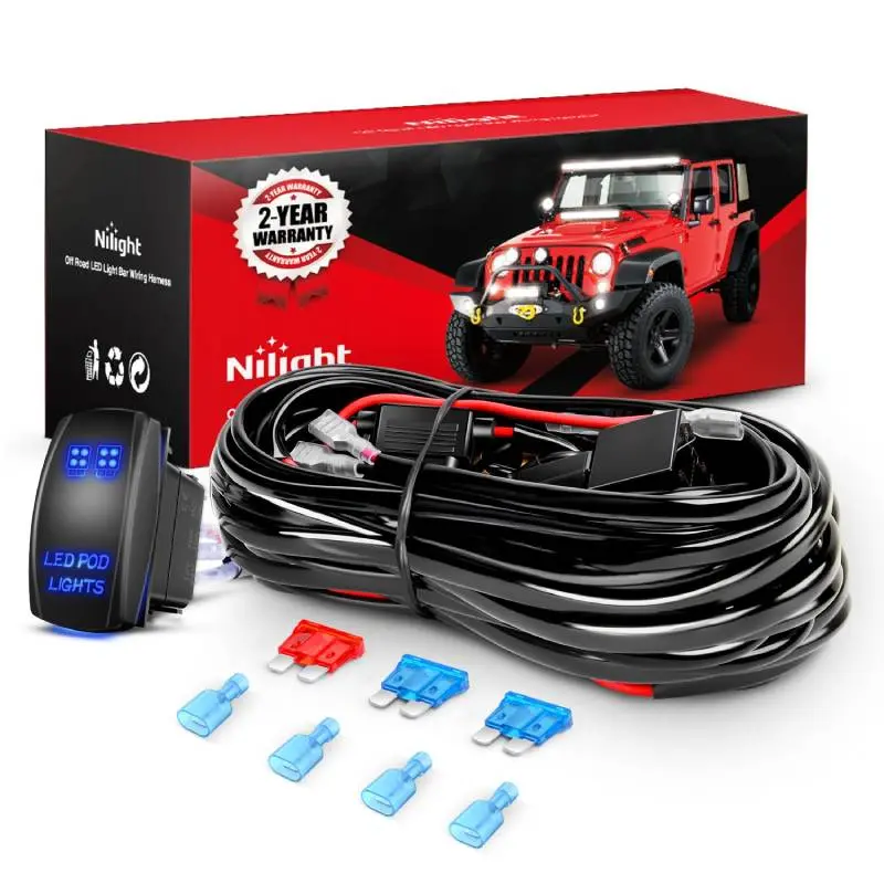 Nilight 16AWG LED POD Lights Wiring Harness Kit - 12V 5-Pin Rocker Switch, Waterproof Laser Toggle Switch, Power Relay, Blade Fuse, 2-Lead 12-ft Extendable Harness for Outdoor Lighting Setup