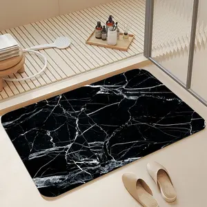 Sleek Black Marble Texture Print Diatomaceous Earth Bath Mat, 16*24 Inch |   Ultra Fast Absorbent Quick Dry Non Slip Anti-Mold Soft Diatomite Shower Floor Mat Easy Clean Stylish Modern Black & White Bathroom Decor for Home & Apartment
