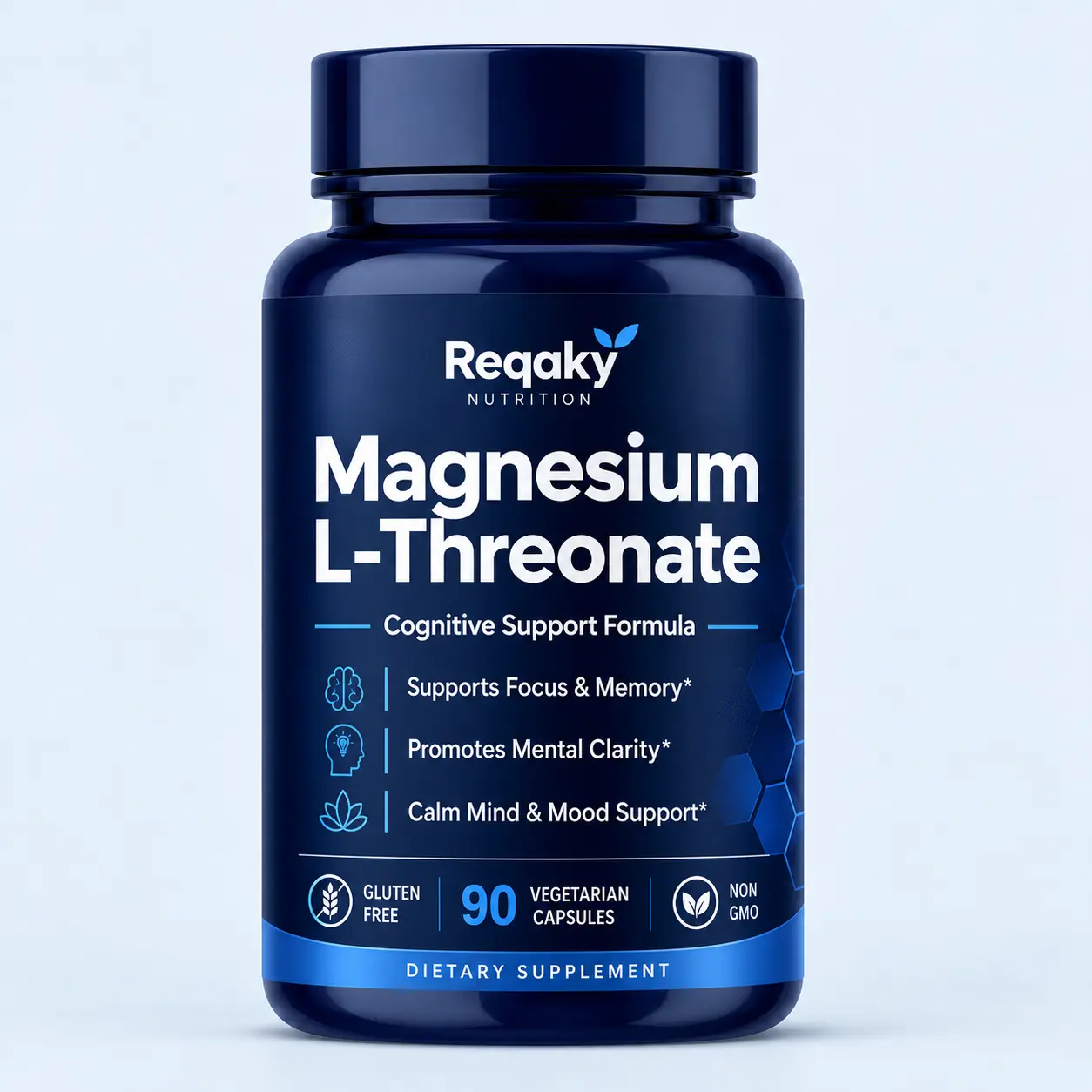 Reqaky Magnesium L-Threonate Vegetarian Dietary Capsules - Brain Energy Supplement, Focus Support Mineral Supplements, Improved Memory Solutions, 90-Count Vitamins & Minerals Wellness Bottle