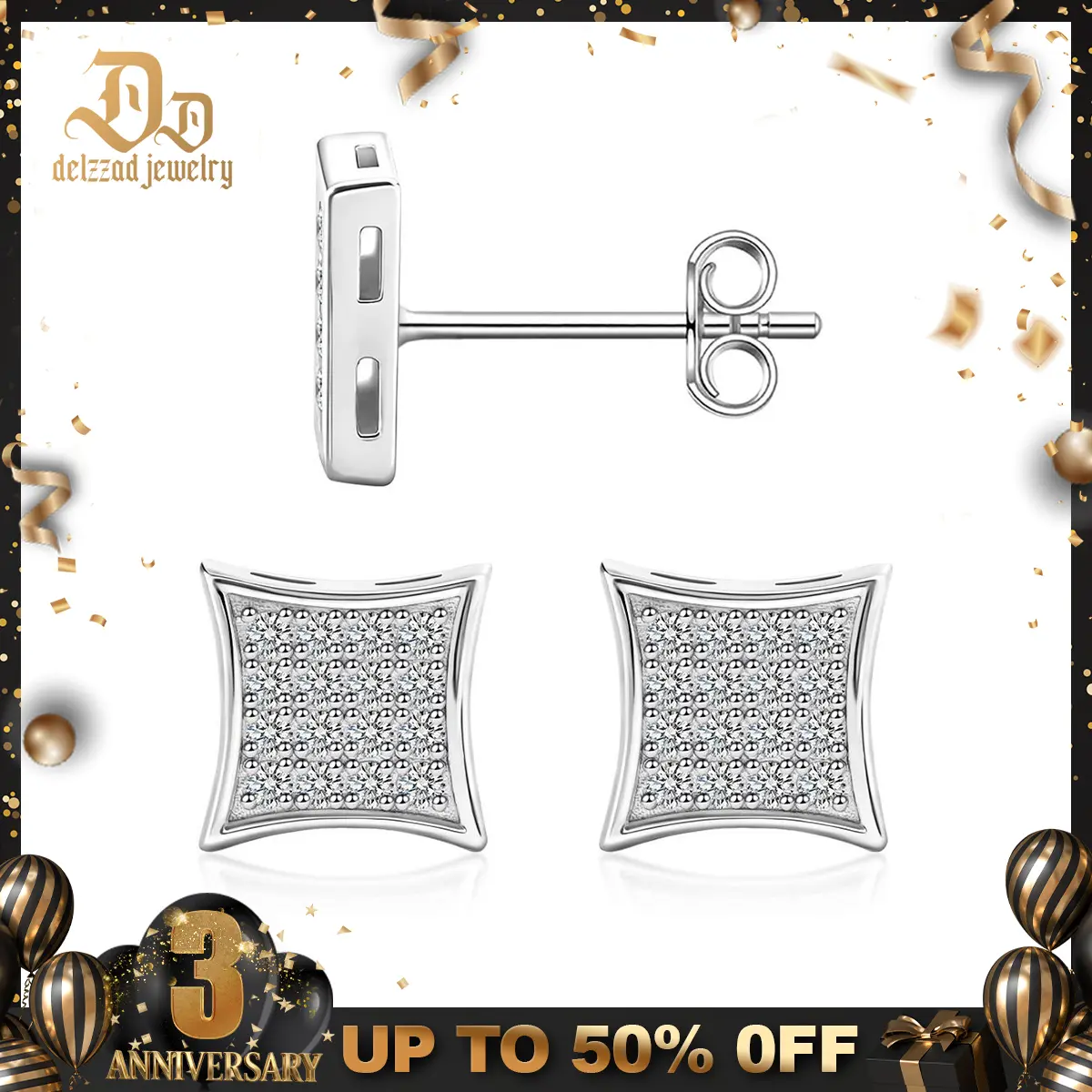 Delzzad Hip Hop Cubic Stud Earrings VVS Synthetic Moissanite S925 Stud Square Earrings Unisex Ear Piercing Jewelry Perfect Birthday Engagement Anniversary Mother’s Day Christmas Gift for Men Women Silver Earrings Golden Earrings Wedding Set Thick Studs