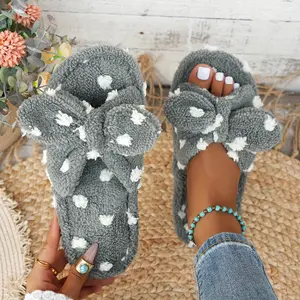 [Soft, Warm] Women's Plush Slippers with Polka Dot Bow - Soft, Warm, Non-Slip Indoor Footwear for Home Comfort in Spring & Autumn Shoe Walking Shoes