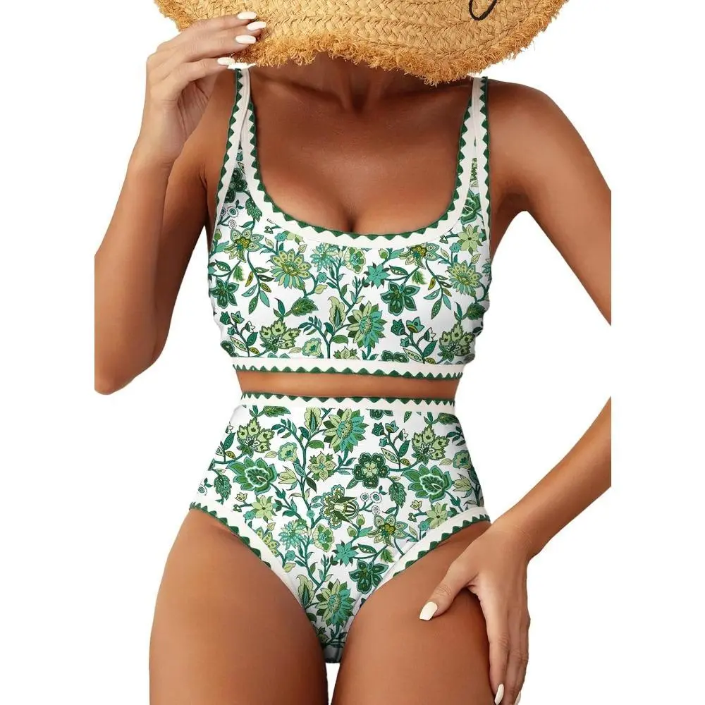Women's Bikini Sets Floral Print Whip Stitch 2 Piece Swimsuits High Waisted Scoop Bathing Suits